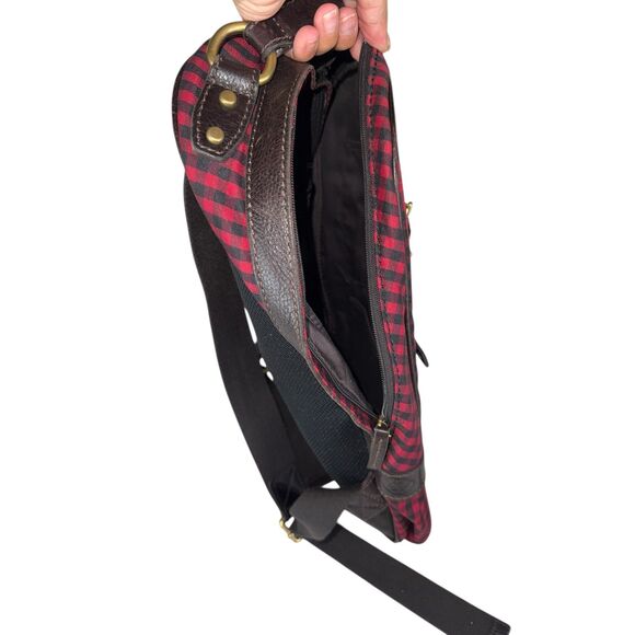 Fossil Plaid Backpack Red Tartan Canvas Bag Leather Trim Travel Work School - Picture 3 of 9